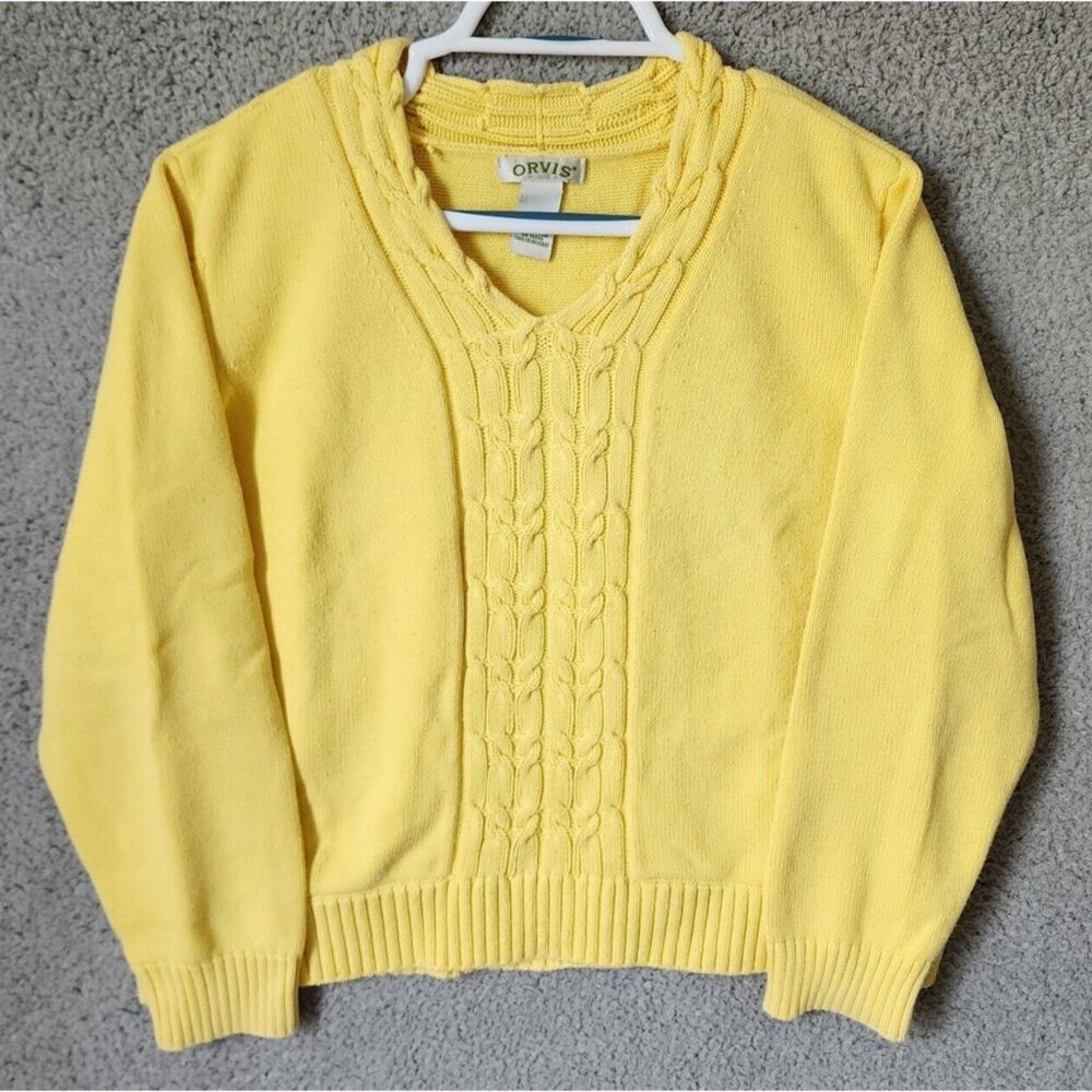 Orvis Women's Long Sleeve V Neck Cable Knit Pull Over Sweater Preppy Yellow XL